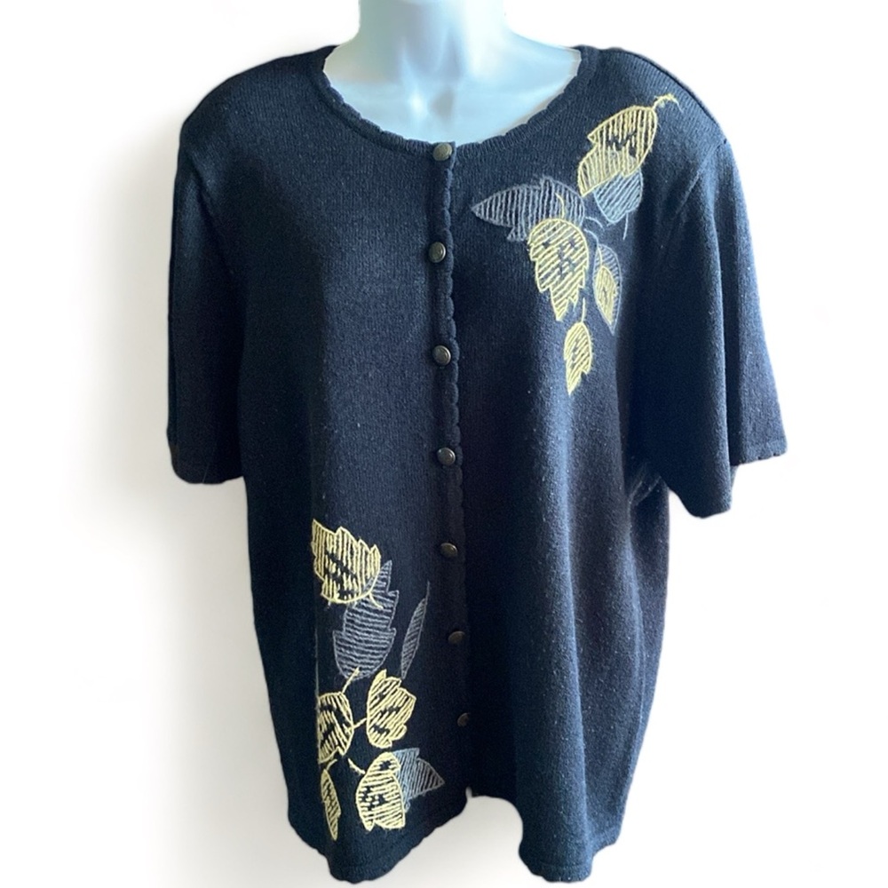 Alfred Dunner Short Sleeve Womens Embroidered Leaves  button down Sweater Top